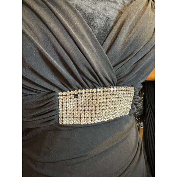Vintage Y2K Betsy & Adam Rhinestone Ruffle Ruched Black Maxi Dress 12P - Picture 9 of 9
